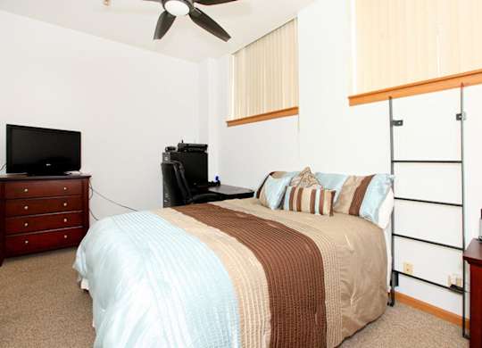 A bedroom with a bed, dresser, and television.