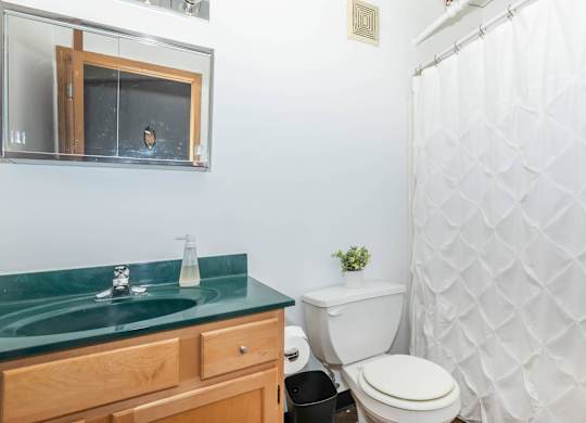 A bathroom with a green counter top and a white toilet.