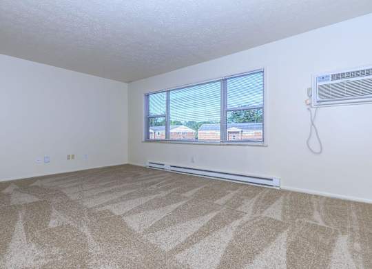 A room with a carpeted floor and a window overlooking a building.