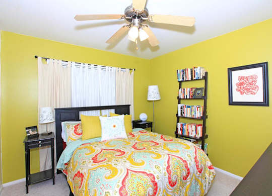 A bedroom with a bed, a ceiling fan, a nightstand, a lamp, a bookshelf, and a picture on the wall.