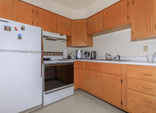 A kitchen with a white fridge and wooden cabinets.