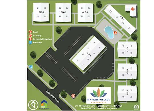 A map of Mayfair Village Apartments with a pool, laundry, and recycling center.