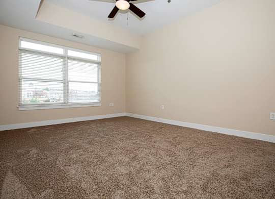 A room with a carpeted floor and a ceiling fan.