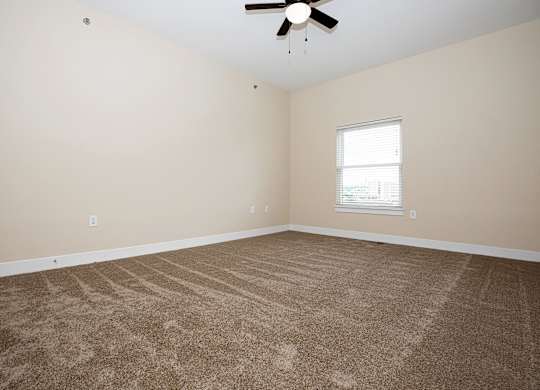 A room with a carpeted floor and a ceiling fan.