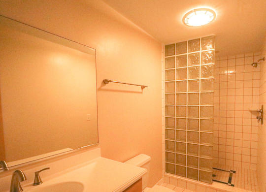 A bathroom with a white sink and a shower with a glass door.