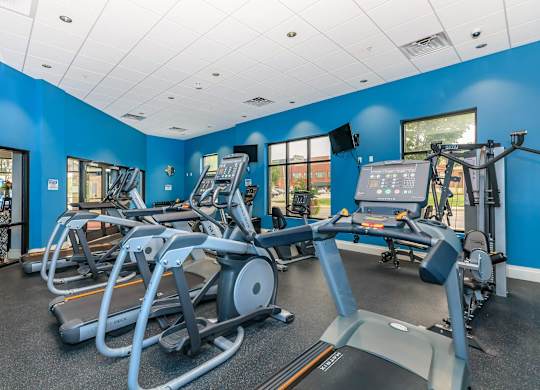 A gym with treadmills, elliptical machines, and a weight machine.