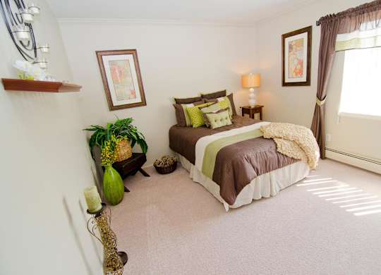 A bedroom with a bed, a plant, and a picture on the wall.