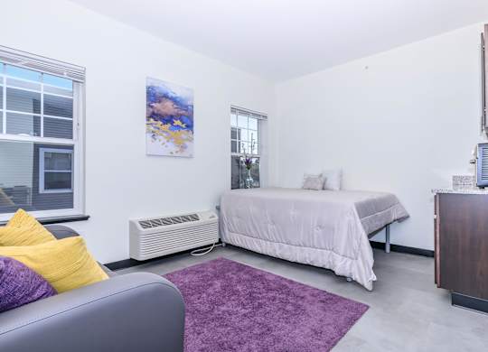 A bedroom with a bed, a couch, and a purple rug.