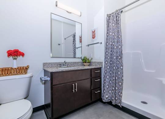 A white toilet sits next to a sink in a bathroom.