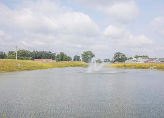 A fountain in the middle of a lake with houses and trees in the background.