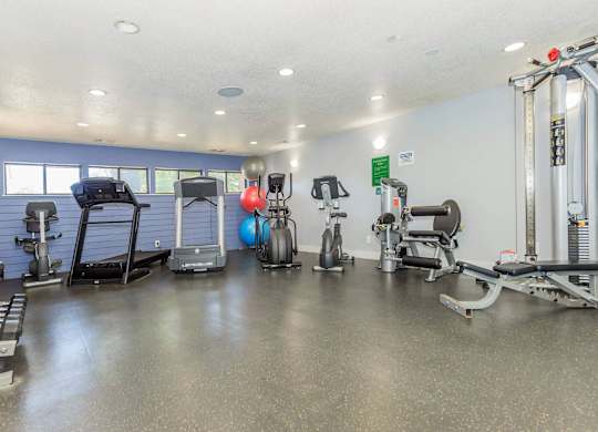 A gym with a variety of equipment including weights and cardio machines.