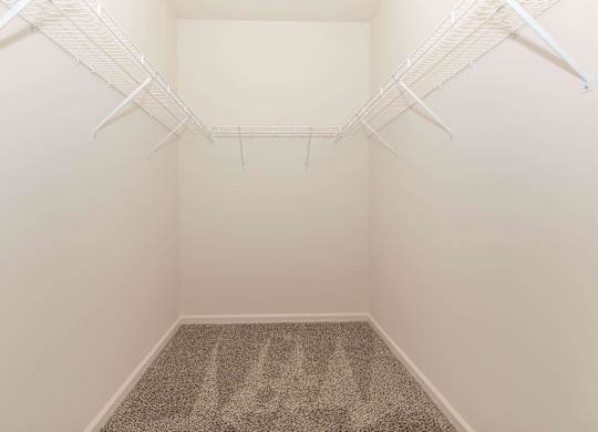 A room with a carpet and two white shelves.