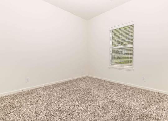 A room with a carpeted floor and a window with blinds.