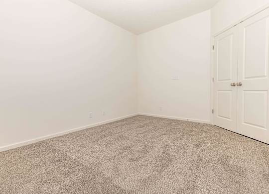 A room with a carpeted floor and a white door.