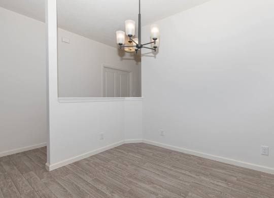 A room with a light fixture and wood flooring.