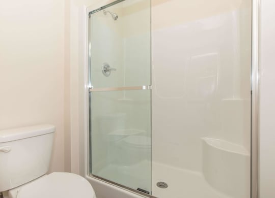 A white toilet sits next to a glass shower door.