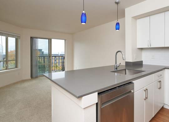 A kitchen with white cabinets and a stainless steel dishwasher.