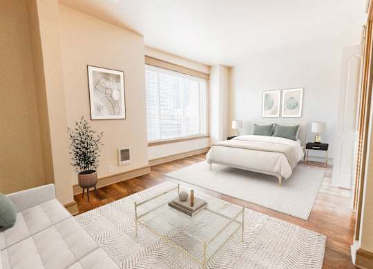 a bedroom with a bed and a large window at Zindorf, Seattle, WA, 98104