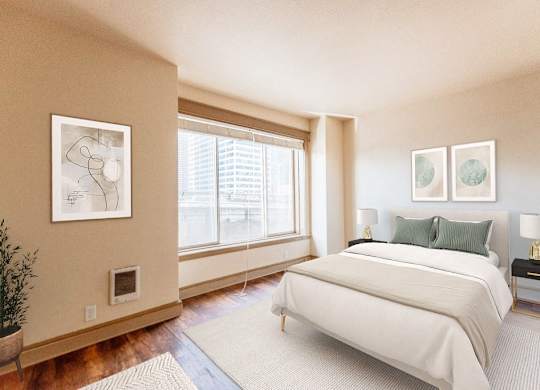 a bedroom with a bed and a large window at Zindorf, Seattle, 98104