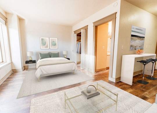 a bedroom with a bed and a rug at Zindorf, Seattle, WA