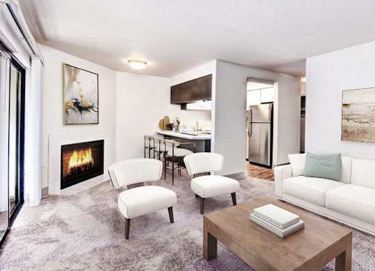 a living room with a fireplace and a couch at Autumn Village, Milton, 98354