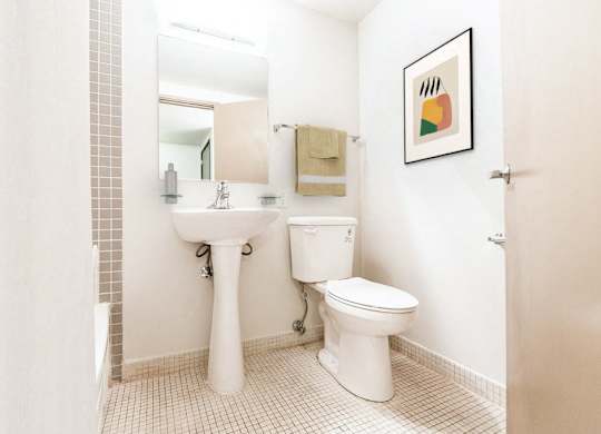 A white toilet and sink in a small bathroom.