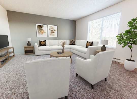 A living room with a white couch and a television.