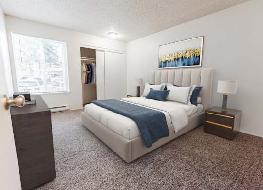 A bedroom with a large bed, a nightstand, and a dresser.