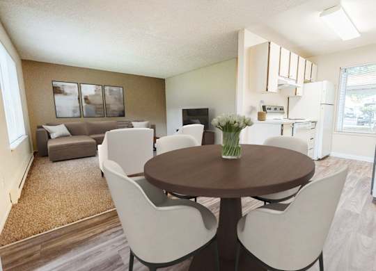 A dining room with a brown table and white chairs.