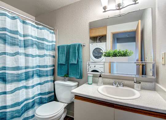 Seattle Apartments-  a bathroom with a toilet, sink, mirror and shower