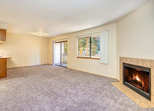 A living room with a fireplace and a carpet. at Autumn Village, Washington, 98354