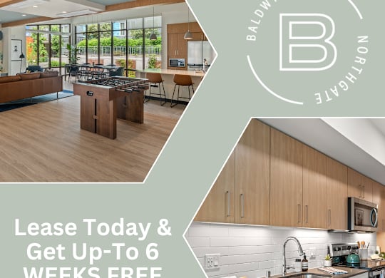A modern kitchen and living room are showcased in a promotional image for Baldwyn Homes.