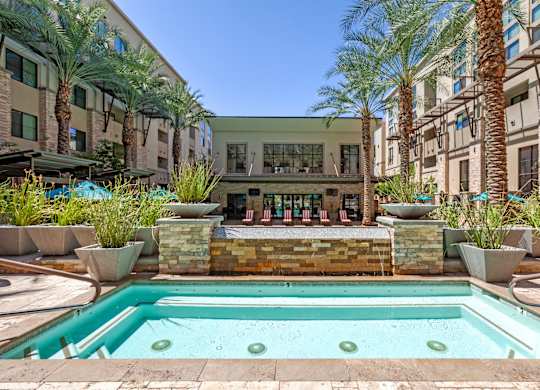 A pool surrounded by palm trees and a stone wall.