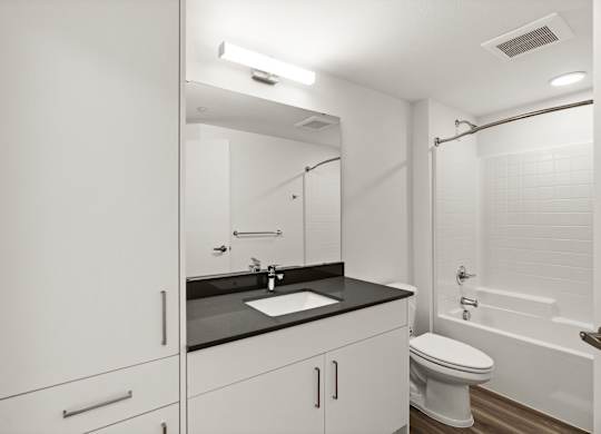 a bathroom with a sink and a toilet and a shower at Baldwyn, Seattle Washington