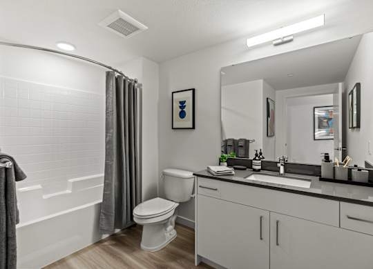 a bathroom with a shower toilet and sink and a mirror at Baldwyn, Seattle Washington
