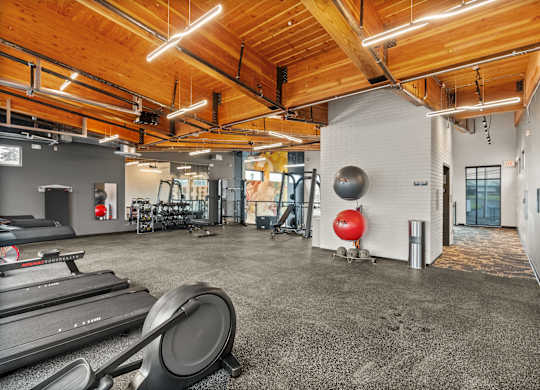 A gym with treadmills, weights, and exercise equipment.