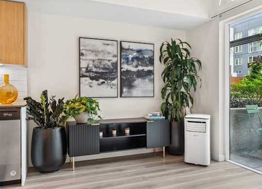 a living room with plants and a kitchen with a large window