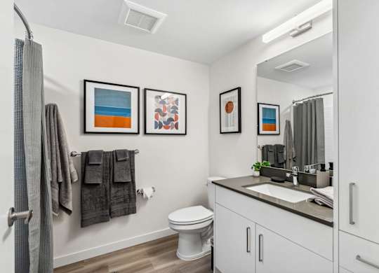 a bathroom with a mirror and a sink and a toilet