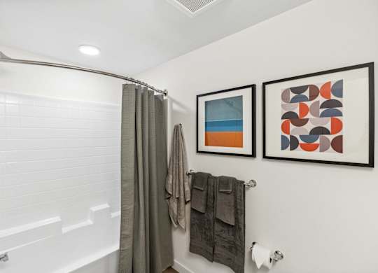a bathroom with a shower curtain and pictures on the wall