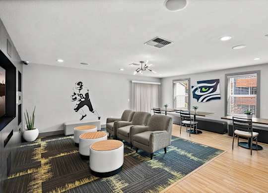 A room with a ceiling fan and a wall mural of a man playing golf. at Northpoint Apartments, Washington, 98407