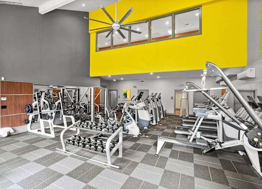 A gym with a variety of equipment including weights and cardio machines. at Northpoint Apartments, Washington