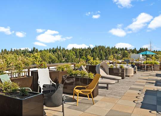 a rooftop patio with chairs and tables with trees in the background at Baldwyn, Seattle, WA