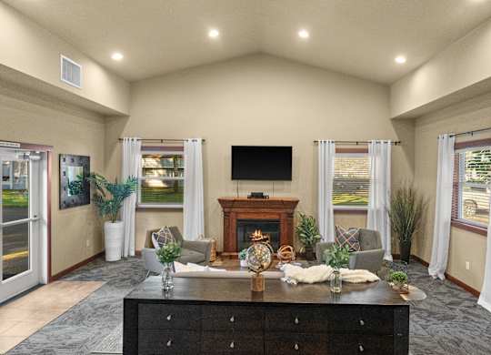 A living room with a fireplace and a television.