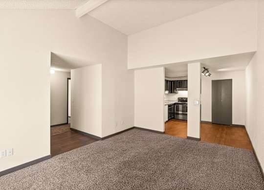 A large, empty room with a carpeted floor and white walls.