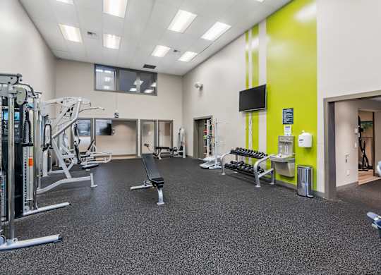 A gym with a variety of equipment including weights and machines.