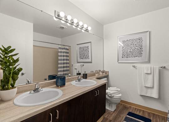 A bathroom with two sinks and a toilet.