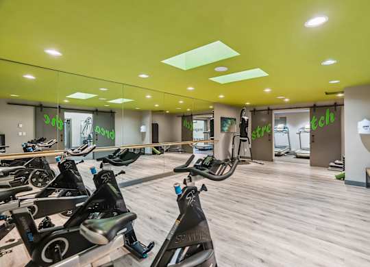 A gym with a row of stationary bikes.
