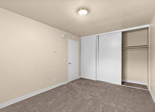 A room with a carpeted floor and a white closet.