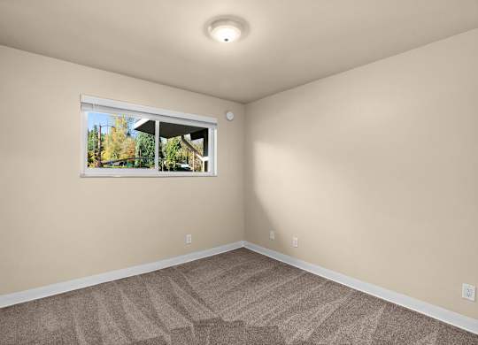 A room with a carpeted floor and a window showing an outdoor view.