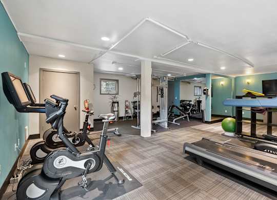 A room with a treadmill, exercise bike, and other workout equipment.